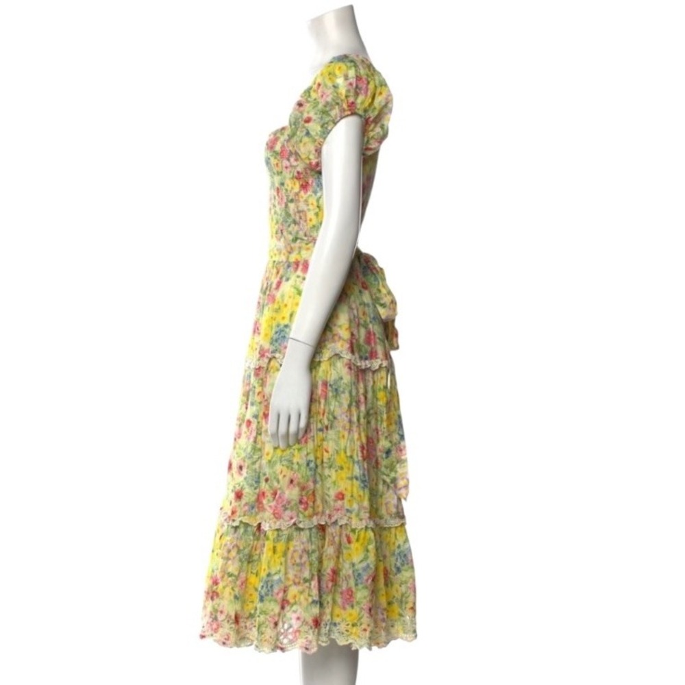 LoveShackFancy Yellow Floral Cotton Silk Tiered Midi Dress M Smocked Lace Trim - Picture 2 of 6